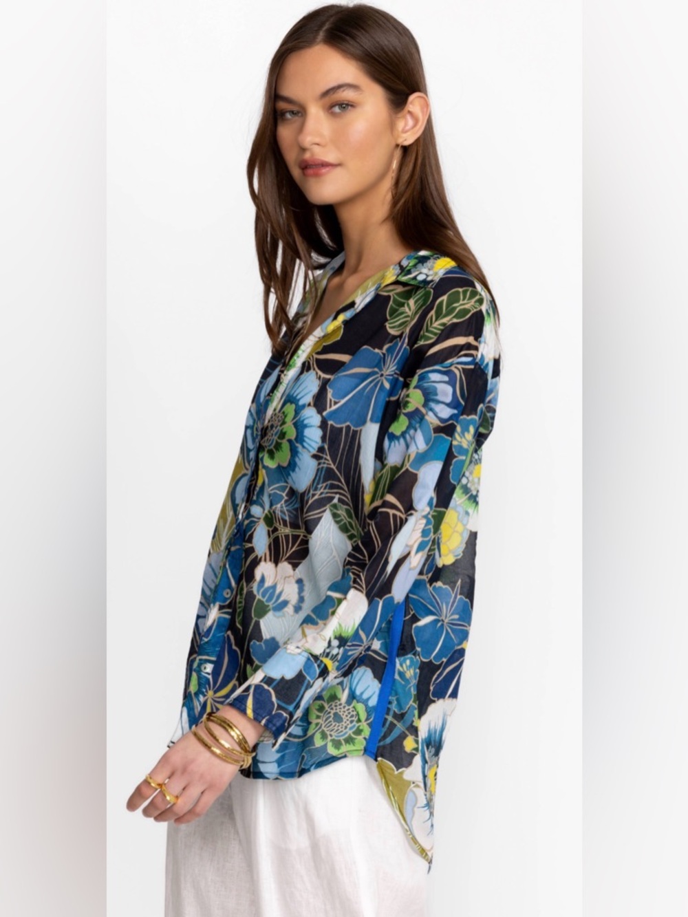 Johnny Was Jenn Curved Hem Yoke Shirt Floral Button Front Blouse M